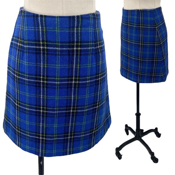 Vintage 90s Express Plaid Wool A Line Mini Skirt Blue Yellow Black Womens XS - Picture 1 of 6